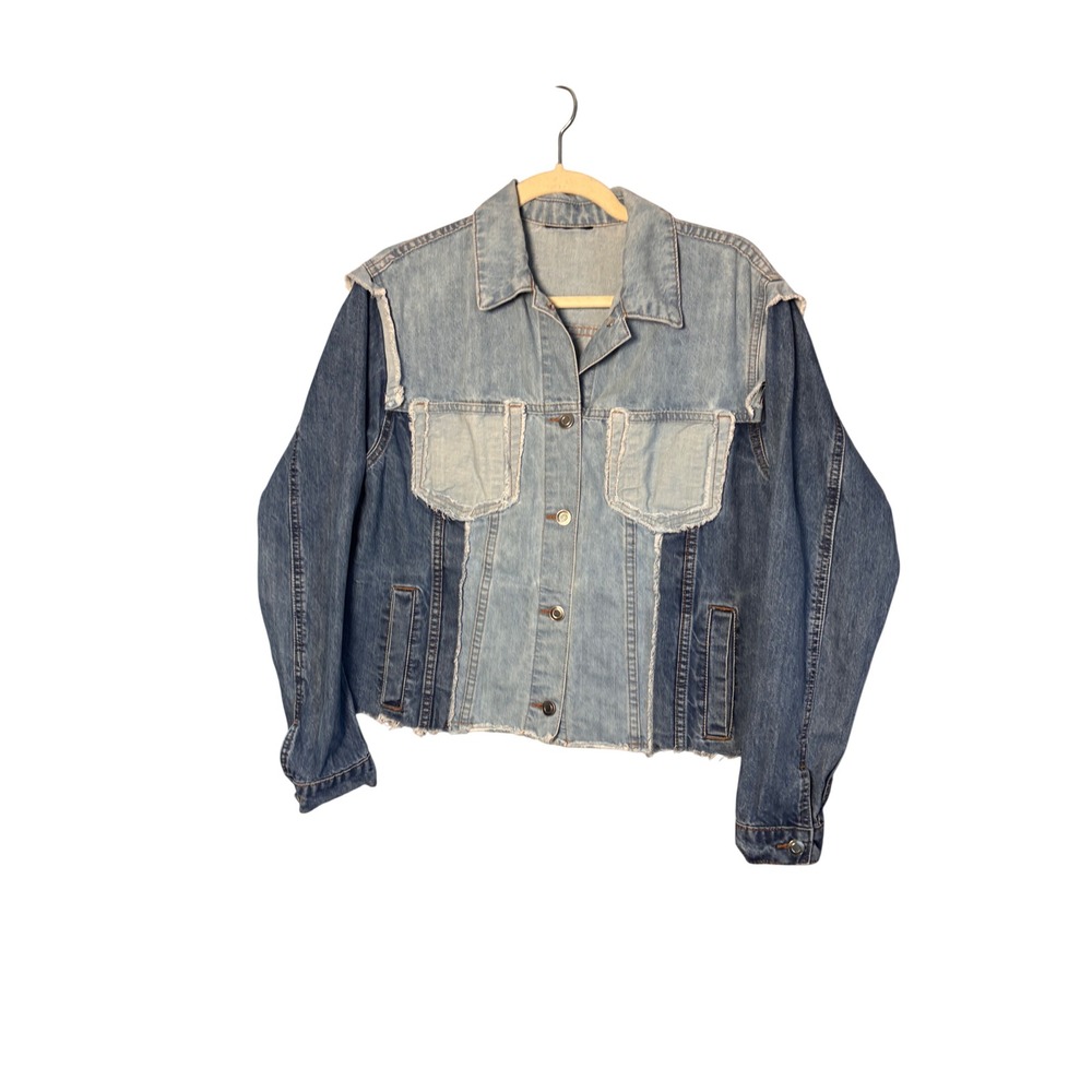 Y2K Boho Womens Denim Jacket M Blue Patchwork Mixed Wash Raw Hem Grunge